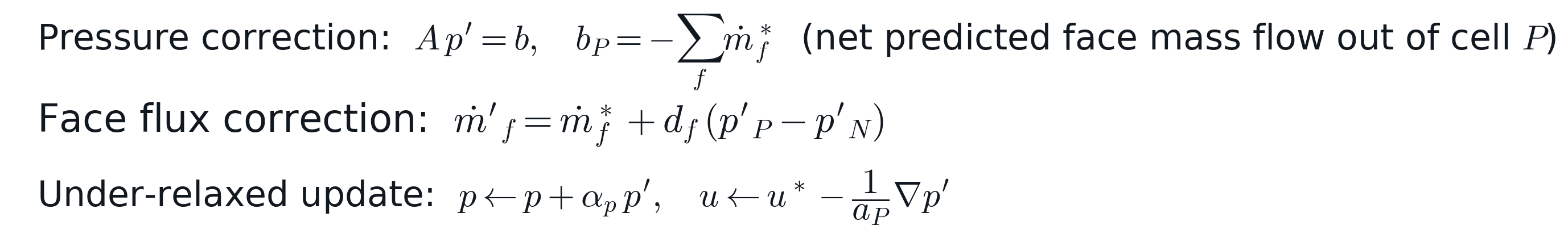 Pressure correction equation A p' = b, face flux correction, and under-relaxed update