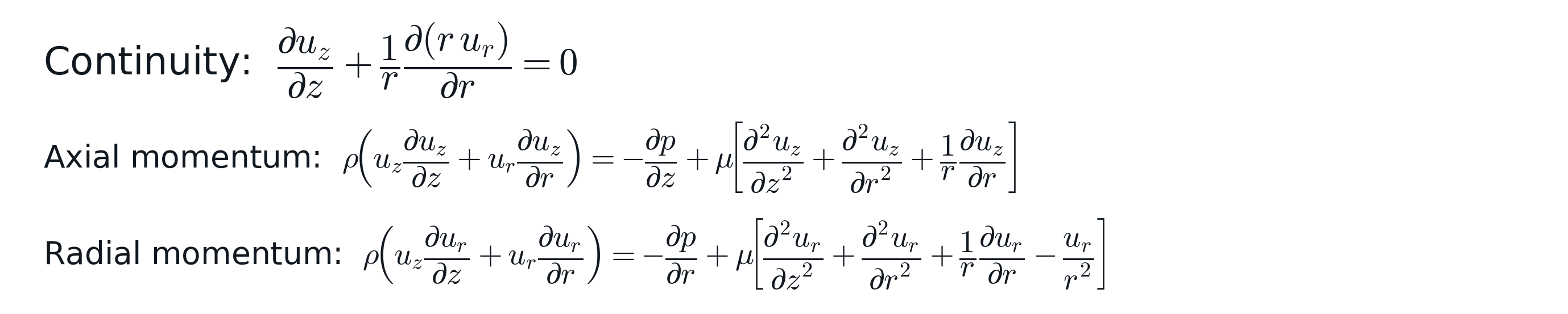Continuity, axial momentum, and radial momentum equations in cylindrical coordinates